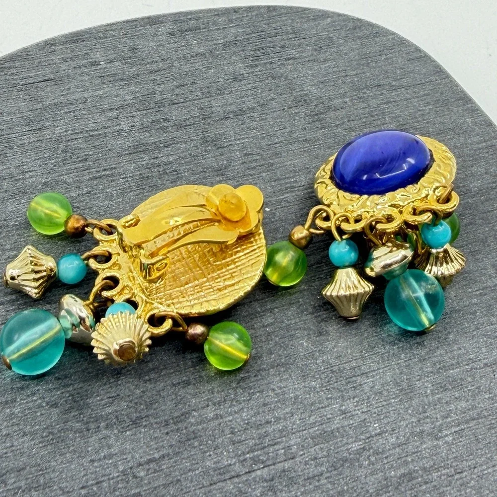 Blue Teal Green Beaded Clip On Earrings Gold Tone Cabochon Boho Statement Gift